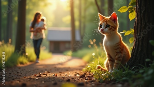 Playful kitten exploring in a sunlit forest path near a cozy cabin