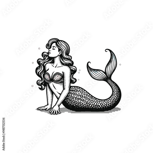 Vintage Mermaid Engraving Illustration, drawn in an engraved, woodcut style with fine details sketch engraving vector illustration. Scratch board imitation. Black and white image. flat vector design