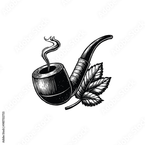 Vintage pipe with smoke Engraving Illustration, drawn in an engraved, woodcut style with fine details sketch engraving vector illustration. Scratch board imitation. Black and white image. flat vector 