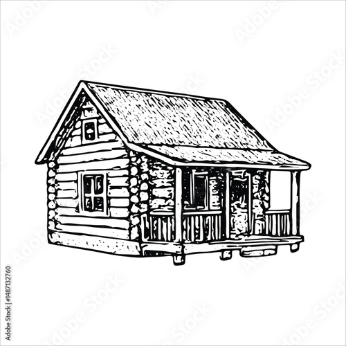 Hand-drawn sketch of a rustic log cabin with a porch, ideal for rural and architectural designs. Black and white vector style, perfect for nature and cabin-themed projects