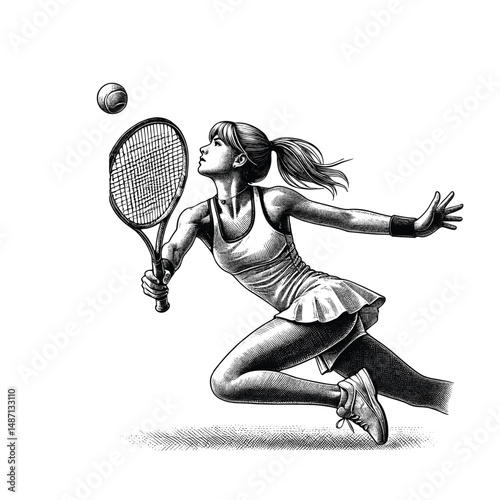 Vintage Female Tennis Player Engraving Illustration, drawn in an engraved, woodcut style with fine details sketch engraving vector illustration. Scratch board imitation. Black and white image. 