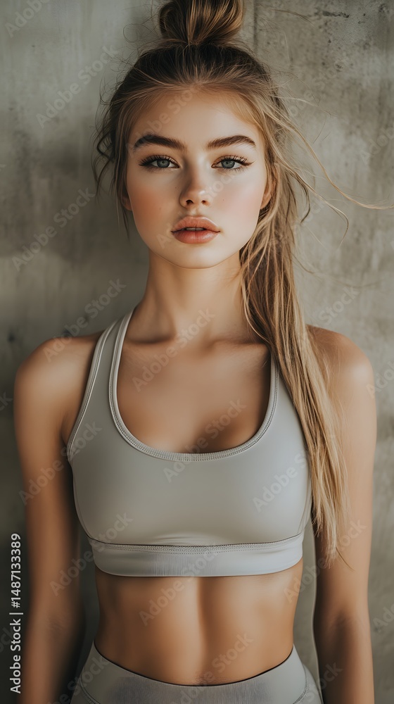 Fototapeta premium A young woman in a neutral sports top.