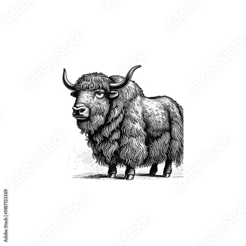 Vintage Yak standing Engraving Illustration, drawn in an engraved, woodcut style with fine details sketch engraving vector illustration. Scratch board imitation. Black and white image. flat vector 