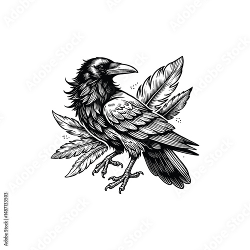 Vintage Crow Engraving Illustration, drawn in an engraved, woodcut style with fine details sketch engraving vector illustration. Scratch board imitation. Black and white image. flat vector design