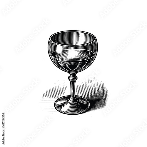 Vintage Wine glass Engraving Illustration, drawn in an engraved, woodcut style with fine details sketch engraving vector illustration. Scratch board imitation. Black and white image. flat vector 