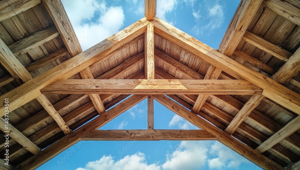 Obraz premium Wooden roof structure, beams against a blue sky