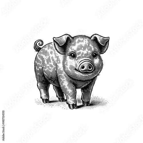 Vintage Cute piglet Engraving Illustration, drawn in an engraved, woodcut style with fine details sketch engraving vector illustration. Scratch board imitation. Black and white image. flat vector 