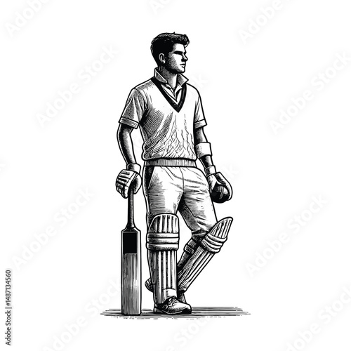 Vintage Cricket player standing Illustration, drawn in an engraved, woodcut style with fine details sketch engraving vector illustration. Scratch board imitation. Black and white image. flat vector 
