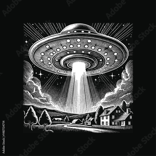 Vintage Flying UFO at night Illustration, drawn in an engraved, woodcut style with fine details sketch engraving vector illustration. Scratch board imitation. Black and white image. flat vector design