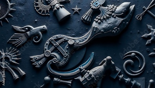Artistic assemblage of fantasy themed metallic objects casting intricate shadows