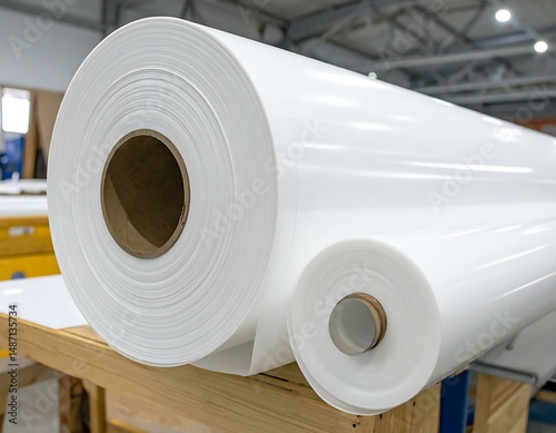 Large and Small Rolls of White Plastic Sheet Material in Factory