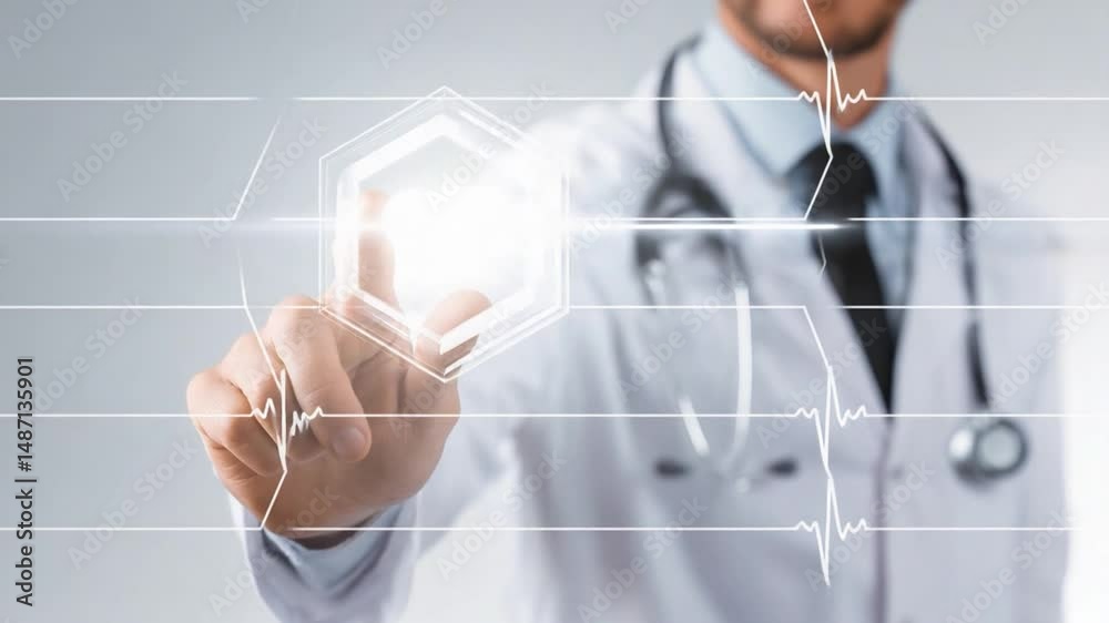 Doctor in the Digital World: A close-up of a doctor's hand, adorned with a stethoscope, interacts with a digital interface, highlighting the growing intersection of medicine and technology.