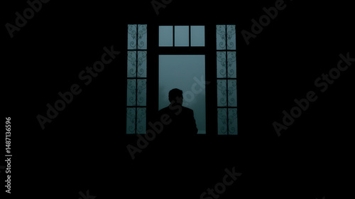 Dramatic silhouette of a lone human figure sitting at a window in a dark moody room depicting the plight and isolation of victims of human trafficking and exploitation