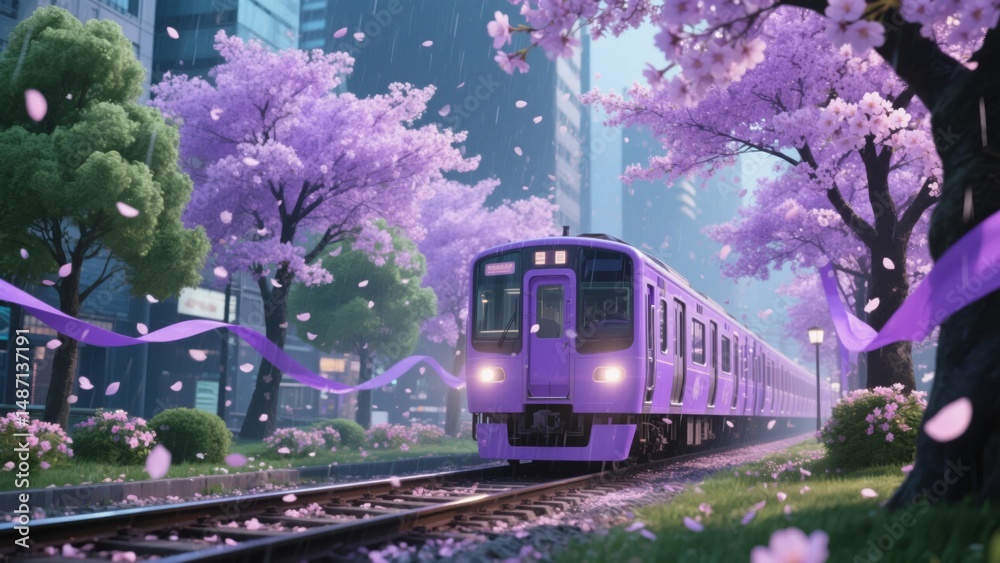 Fototapeta premium Purple Train Passing Through a City with Blooming Cherry Blossoms