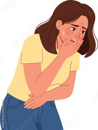 Woman Suffering from Nausea Covering Mouth – Poisoning, Alcohol Intoxication, or Intestinal Disorder Health Crisis – Vomiting and Sickness Concept