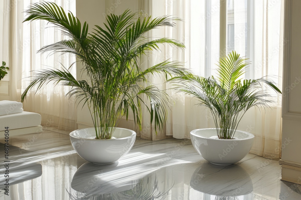 Fototapeta premium Two large, white planter bowls hold tropical houseplants in a bright interior.