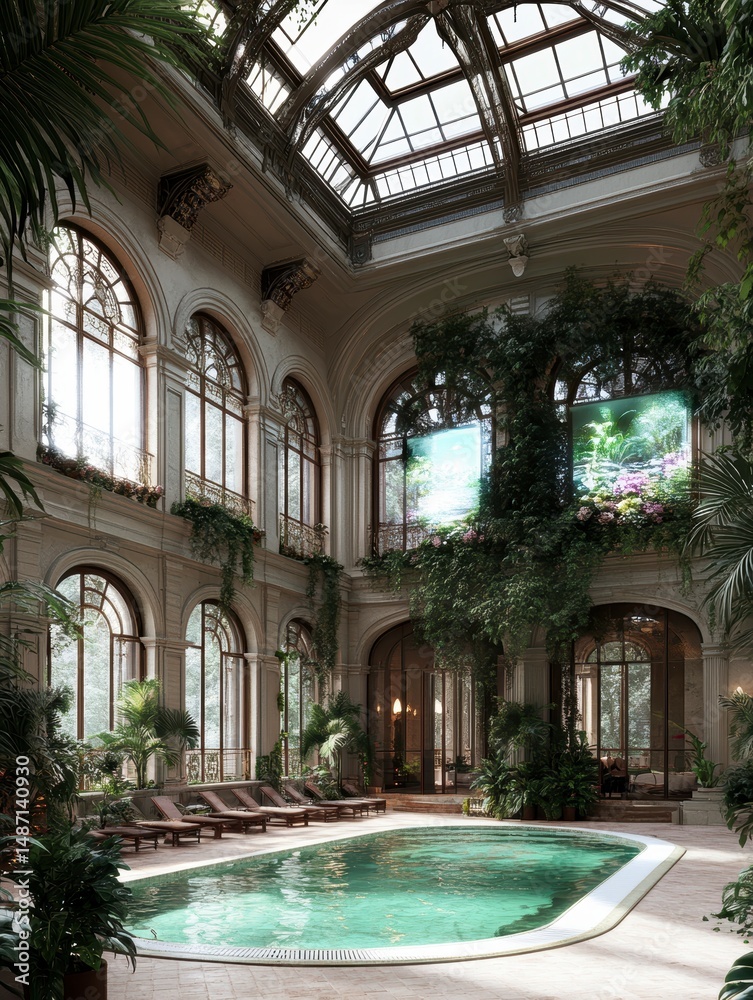 Fototapeta premium Luxurious Indoor Pool and Garden Oasis A Tranquil Architectural Masterpiece