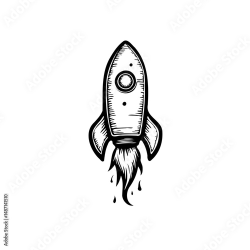 Monochrome rocket illustration capturing dreams of technological advancement and space travel