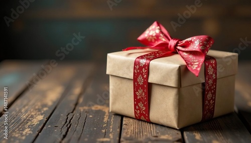 A beautifully wrapped gift box sits on a rustic wooden table , birthday, generous photo