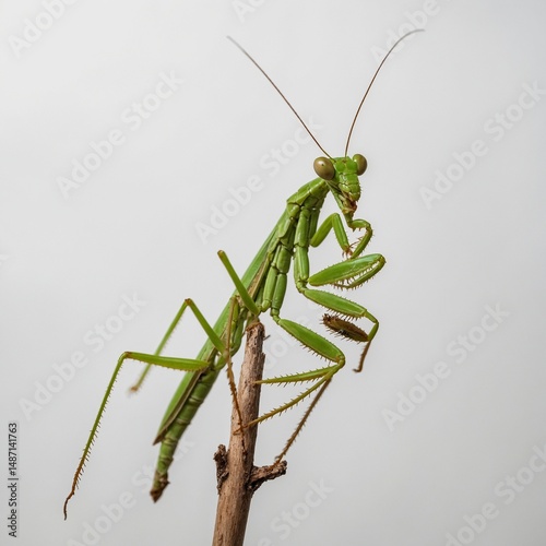 A green praying mantis on a stick, white background