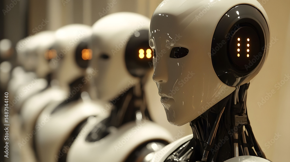 Fototapeta premium Futuristic Robotics Technology: AI Machines Lined for Advanced Automation