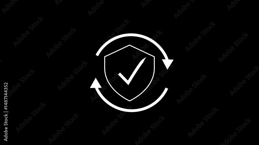 red shield with a green check mark inside is encircled by rotating green arrows, symbolizing cybersecurity, system protection, antivirus updates, and continuous secure system operation.