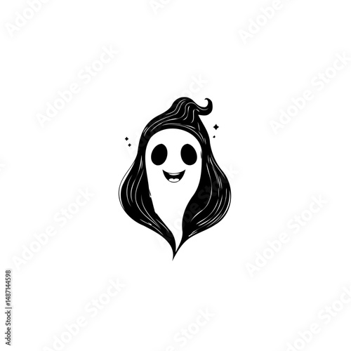 Whimsical phantom illustration with dark flowing hair and smiling face