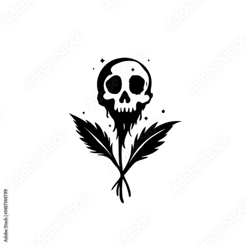 Monochrome stylized skull illustration with crossed feather quill motif design