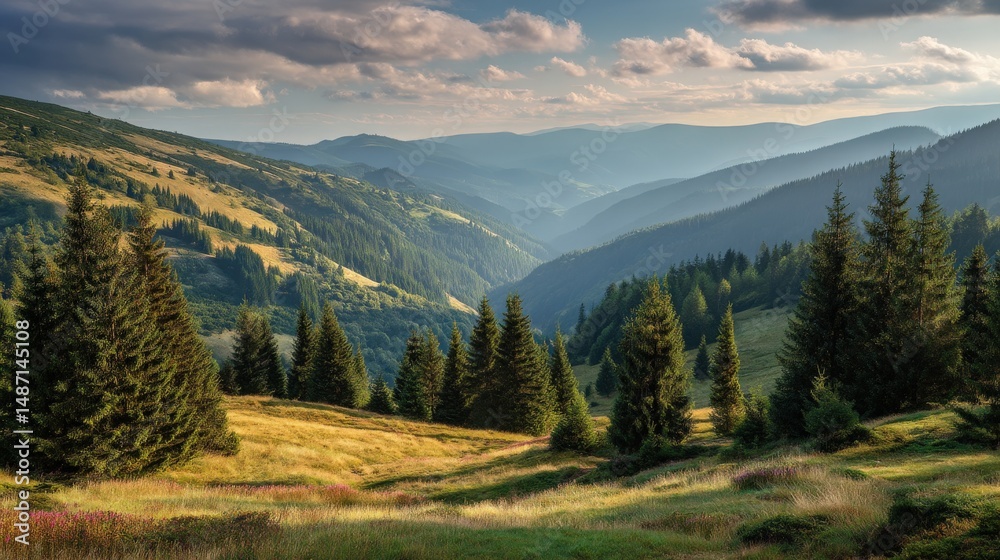 Obraz premium A peaceful day in the Carpathians with warm sunbeams lighting up green mountain slopes and endless coniferous forests stretching into the distance.