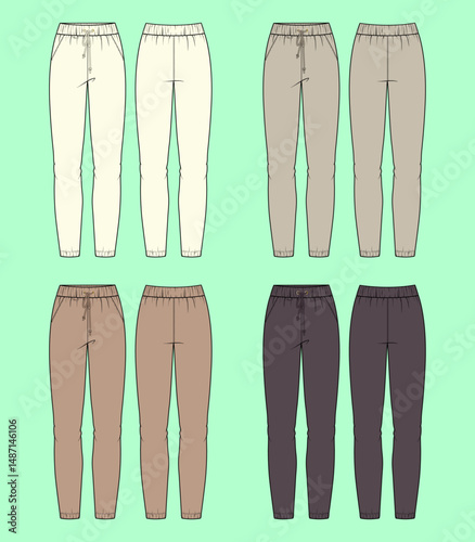 Jogger bundle technical drawing fashion flat sketch vector illustration template front and back views outline CAD mockup