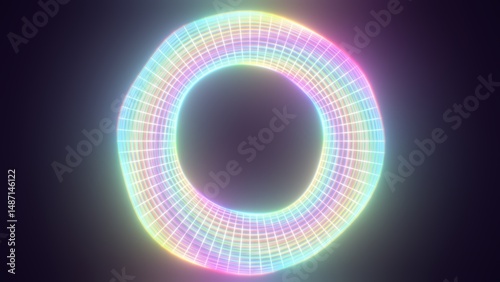 3D Neon Glowing Rainbow Holographic Wireframe Torus Ring Rotating - Abstract Background Texture