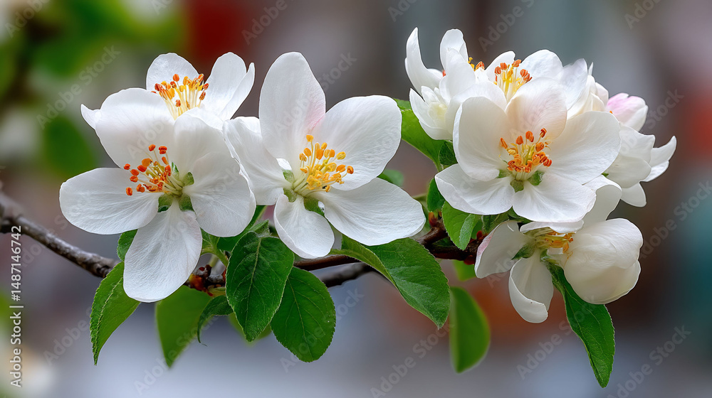 Blossoms adorn a branch pristine petals unfold Blossoms adorn a branch pristine petals unfold