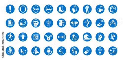 Set of safety signs for personal protective equipment. Icons include goggles, gloves, helmets, masks, and safety apparel symbols. Safety, warning, icons, vector.