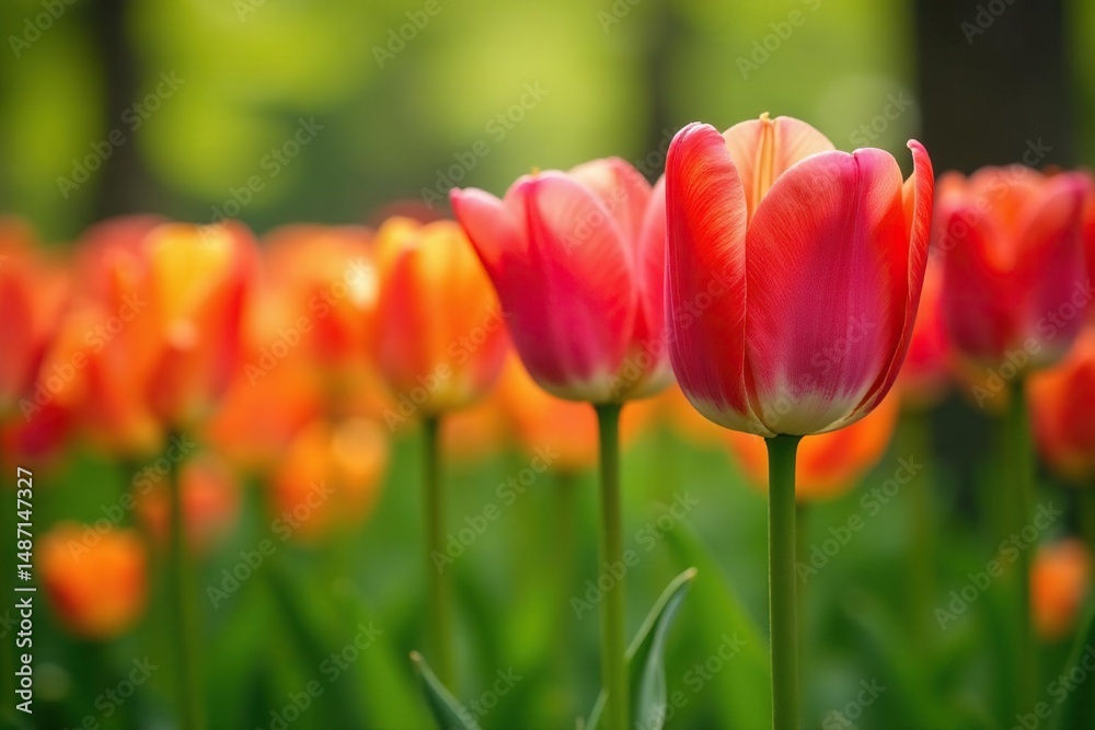 Vibrant tulips blooming in a lush spring garden , fresh, sunlight Vibrant tulips blooming in a lush spring garden , fresh, sunlight