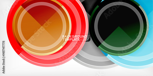 Abstract circles overlap, creating vibrant color gradients. Design features red, orange, green, blue hues on dark background.