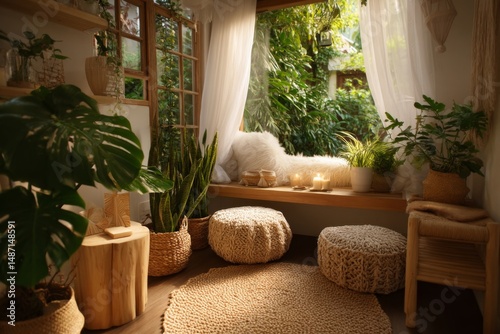 Cozy plant-filled interior corner with natural light  potted monstera  snake plant  woven furniture  minimalist boho decor  airy and calm mood 