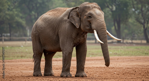 Majestic Asian elephant portrait unveils its imposing size and wrinkled skin texture against a serene backdrop  emphasizing its natural habitat