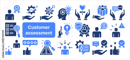 Customer assessment icon collection set. Containing service, feedback, satisfaction, survey, evaluation, quality, experience icon. Simple flat vector illustration.