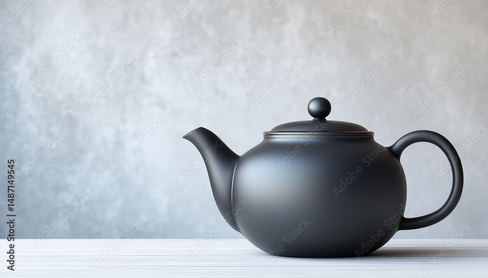 A matte black teapot on a white acrylic tabletop. Generative AI. A matte black teapot on a white acrylic tabletop. Generative AI.