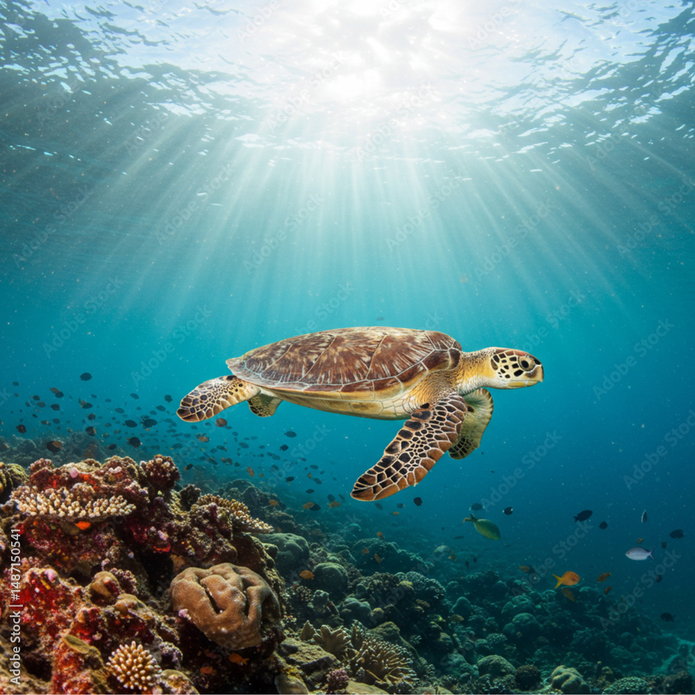 Obraz premium Sea turtle swimming over coral reef