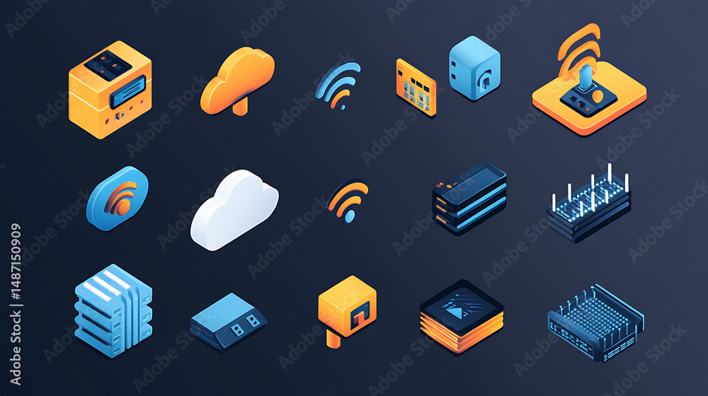 Network and connectivity 2D icon pack with switches, routers, and cloud nodes in tech-style look Network and connectivity 2D icon pack with switches, routers, and cloud nodes in tech-style look