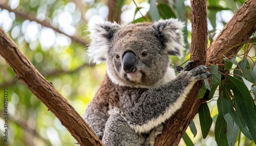 Charming koala portrait amid lush eucalyptus foliage in a serene outdoor setting