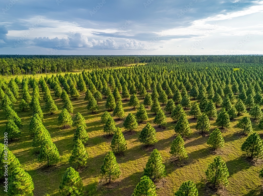Fototapeta premium Aerial view of a pine forest in a Brazilian Christmas tree farm, with rows of trees for commercial production of Christmas trees. This is a real photograph, not a rendering. generative ai