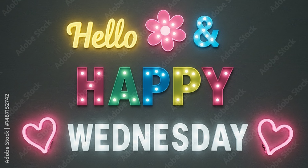 Fototapeta premium Hello Happy Wednesday Neon Sign
