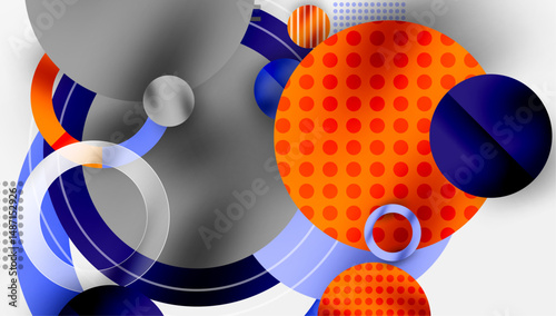 Abstract composition featuring circles, curves, dots. Blue, orange hues dominate design. Modern, dynamic visual elements present.