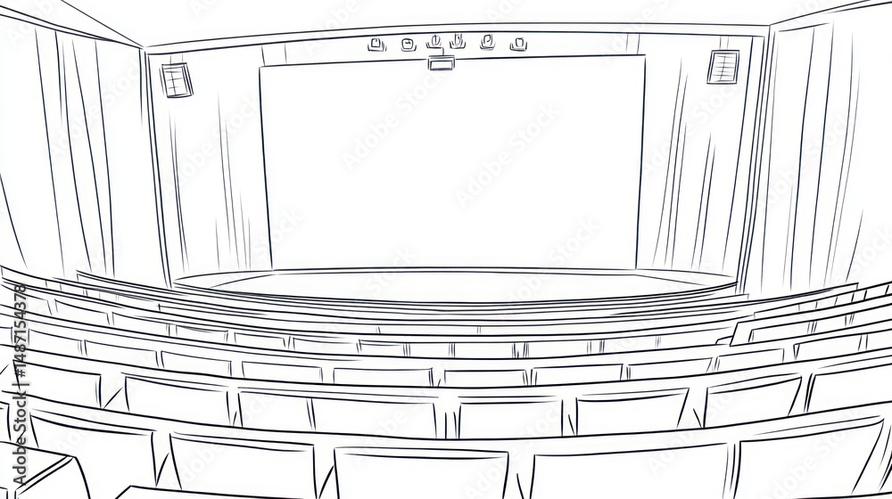 Fototapeta premium Empty theater, auditorium, sketch, interior, artistic drawing, for background, presentation, illustration
