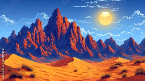 Vivid desert landscape with towering red rock peaks under a bright sun