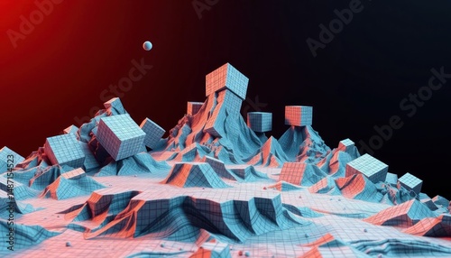 Abstract grid landscape with floating cubes, digital art, surreal, dreamscape