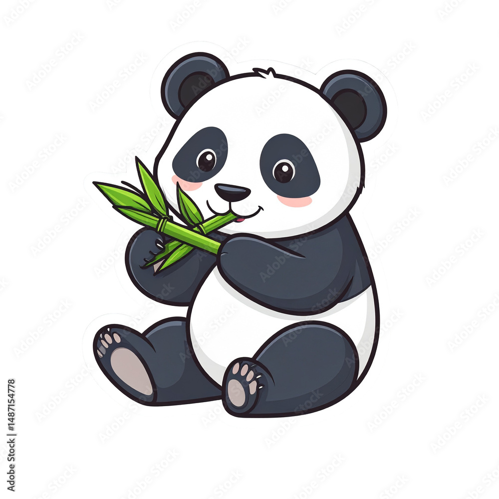 Fototapeta premium Adorable Panda Bear Cub Enjoying Fresh Bamboo Shoots Cartoon Illustration