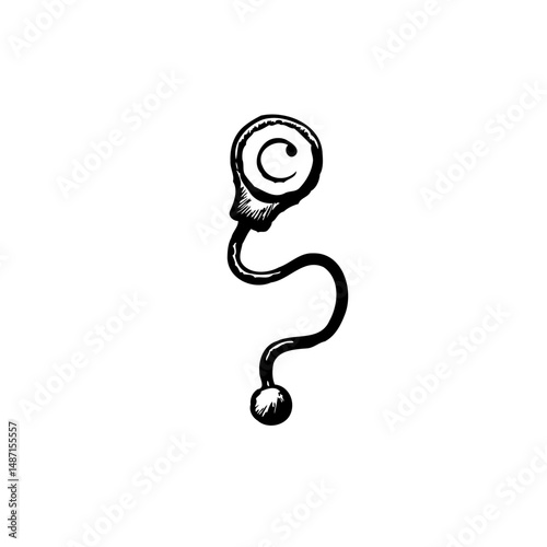 Whimsical hand-drawn sketch of surreal object with coiled top and dangling sphere
